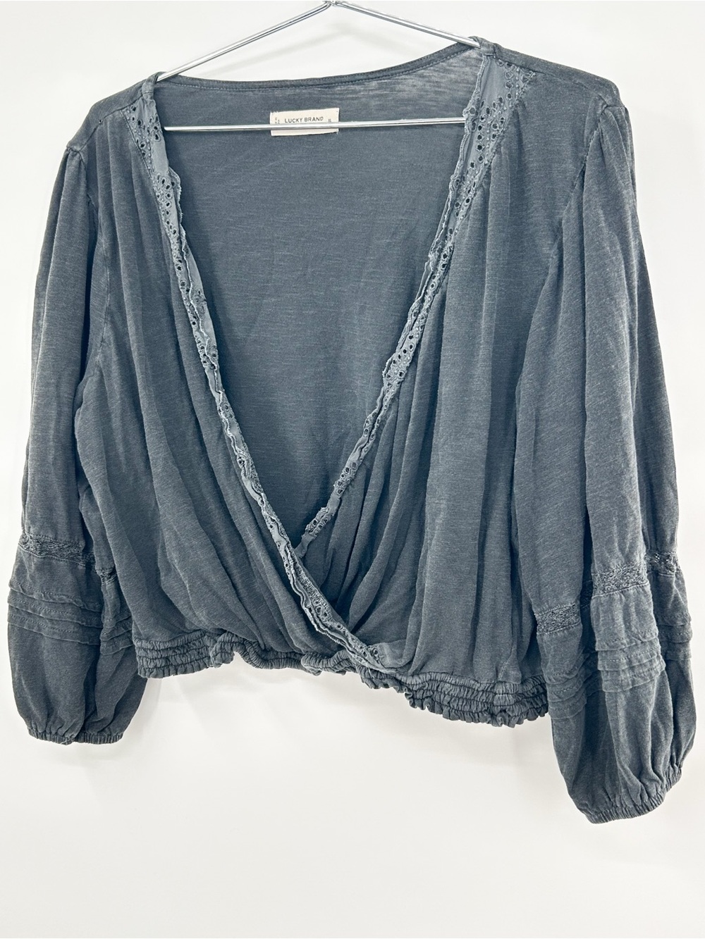 Lucky Brand Eyelet Wrap Crop Top Washed Gray Stone XL